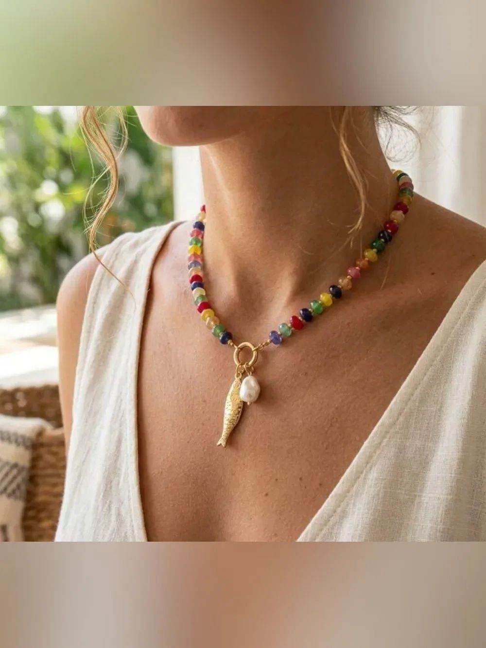 Gold fish Charm Multicolor Beaded Necklace with Pearl Accent A1692